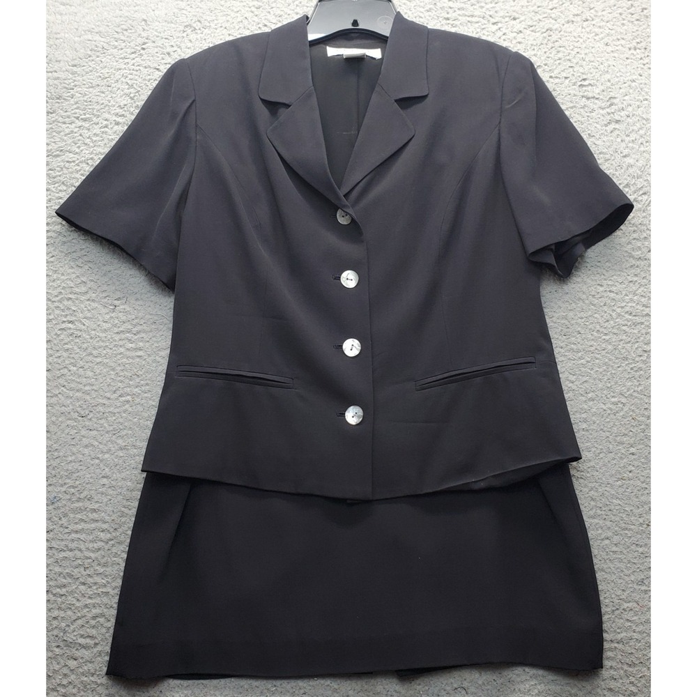 Petite Sophisticate 2 Piece Skirt Suit Women 8 Black Silk Single Breasted Formal